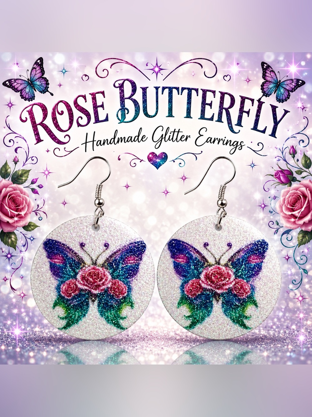Rose Butterfly Glitter Earrings • Handmade Dangle Earrings •